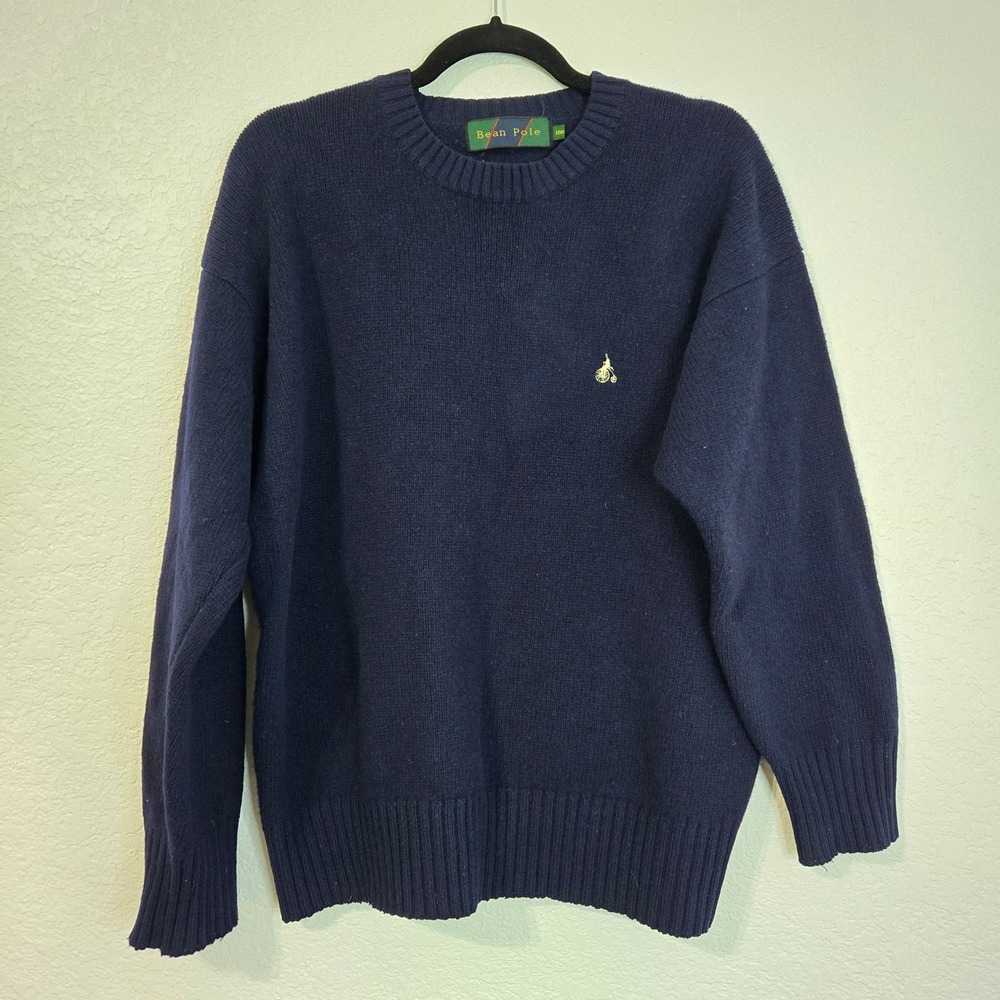 Bean‎ Pole 100% Wool Navy Blue Mens Sweater Vintage Crew Neck Long Sleeve Size L